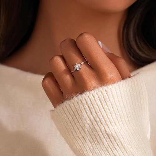 925 Sterling Silver Adjustable Link Chain Rings for Women Daughter | Dainty 14k Gold Plated Evil Eye/Cross/Flower Ring Sparkly Twist Rope with Bead Dangle Stackable Ring Jewelry Birthday Gifts - color: Style 6-White