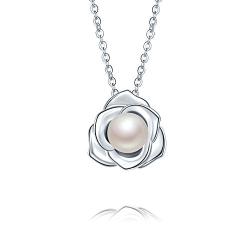 "Lovely Rose" High Polished 925 Sterling Silver Earrings with 7mm Natural Freshwater Pearl - style: Necklace pendant