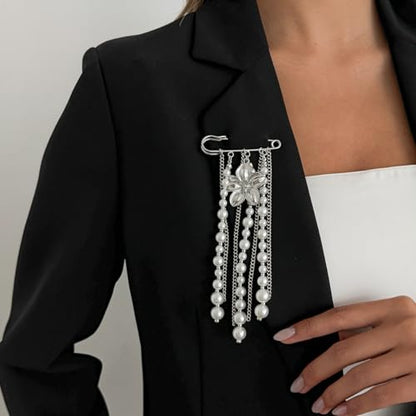 Gold Flower Pearl Tassel Brooch Pin for Women Elegant Pearl Chain Safety Pin Brooch Wedding Party Gift Dainty Elegant Lapel Pins Dress Suit Clothes Accessories - color: Silver
