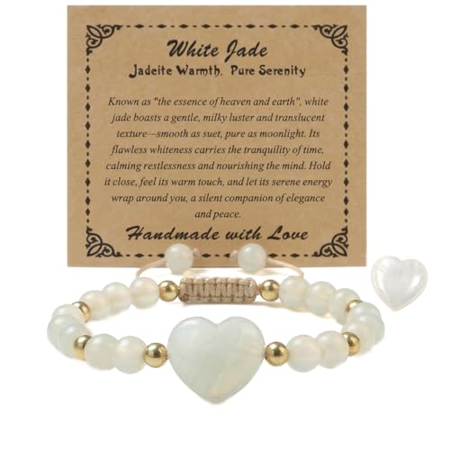 Heart Crystal Bracelet,Natural Gemstone Healing Bead Bracelet | Handmade Jewelry Gifts for Women Men,Graduation Gift for Her - color: White Jade Bracelet