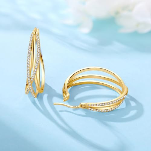 925 Sterling Silver Hoop Earrings for Women, Small and Large Trendy Hoops Hypoallergenic Huggie Earrings Statement Fashion Jewelry Gifts for Sensitive Ear - Double Loop - color: Gold,1.10 in-Large Hoops