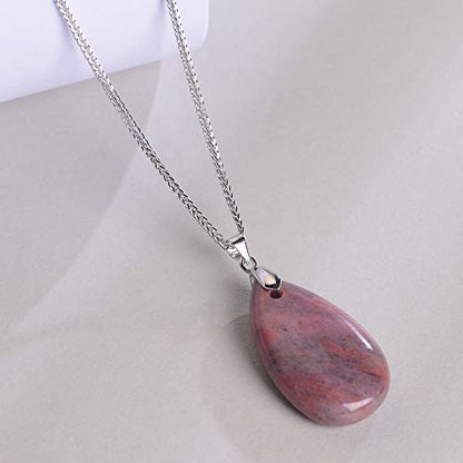 iSTONE 925 Sterling Silver Natural Crytral for Womens Pendant Necklace, Gemstone Birthstone with 17.8" Silver Chain Ladies - color: Rhodonite