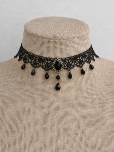 Lace Choker Necklace for Women Tassel Pendant Choker Necklaces Elegant Boho Collar Necklaces Statement Artistic Chain Necklace with Pearl Halloween Party Cosplay Costume Jewelry - color: Black Lace Pearl-2