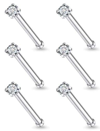 6Pcs Nose Rings Studs Surgical Steel L-Shape Nose Rings for Women 1.5mm Cubic Zirconia Nostril Screw Studs Hypoallergenic Nostril Piercings 24g 22g 20g - color: straight,silvertone, size: 20g,1.5mm CZ