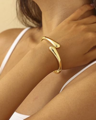 Bangle Bracelets for Women | 14K Gold Plated Trendy Wide Bracelets | Hinged Arm Cuff Bangles Chunky Bracelet for Women - color: Style E-Gold Plated Bangles