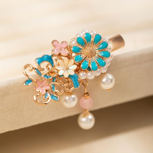 A Pair Wedding Hair Clips, Handmade Floral Design Crystal Hair Clips Pearl Barrettes, Rhinestones Flower Clips Pearl Headpieces Hair Pins Hair Accessories for Women Girls (Blue Flower) - color: Blue Flower