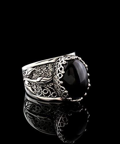 Filigranist 925 Sterling Silver Filigree Art Lace Embroidery Tulip Detailed Gemstone Women Cocktail Ring, Luxurious Gift Boxed - color: Black Onyx