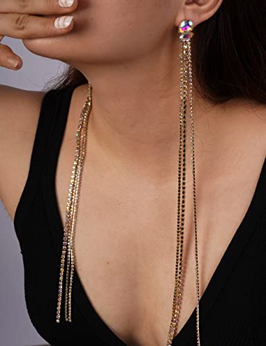Missgrace Women Bohemian Dainty Dangle Long Tassels Statement Earrings Trendy Unique Full Rhinestones Shiny Bar Disco Earrings for Women