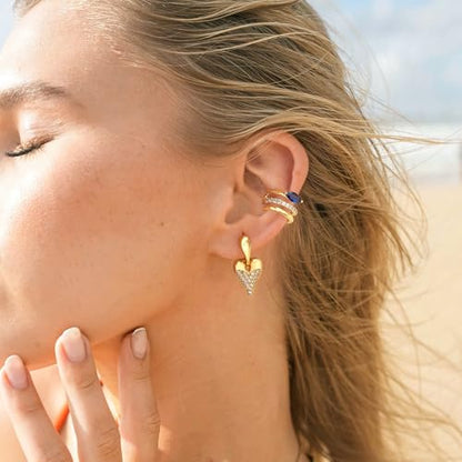 Gold Ear Cuff Earring for Women 14K Gold Plated Cubic Zirconia Non-Pierced Clip on Cartilage Chunky Ear Cuffs Hypoallergenic Jewelry - style: blue eye / pair