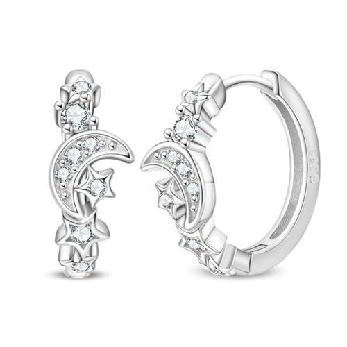 925 Sterling Silver Huggie Hoop Earrings for Women with 5A Cubic Zirconia Jewelry Birthday Gift - style: Moon