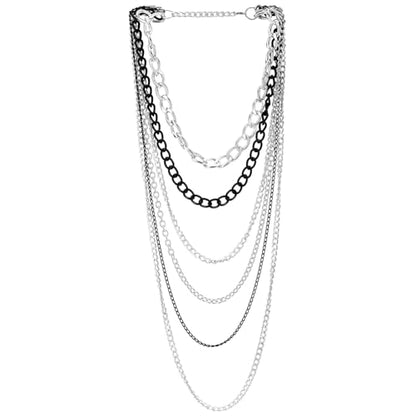 COOLSTEELANDBEYOND Statement Necklace Waterfall Multi-Strand Curb Link Rolo Chains, Punk Rock Cool, Light Weight - color: C-Color: Silver & Black