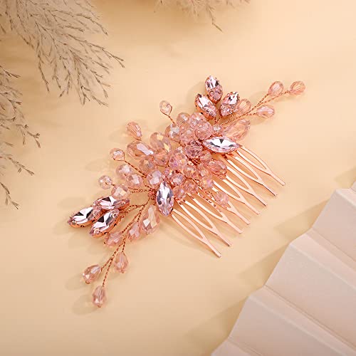 Teyglen Dainty Simple Full Rhinestones Hair Comb Pink Rose Gold Bride Wedding Hair Comb Luxurious Shiny Crystal Bridal Side Hair Pieces Hair Accessories for Women Girls (Pink) - color: Pink
