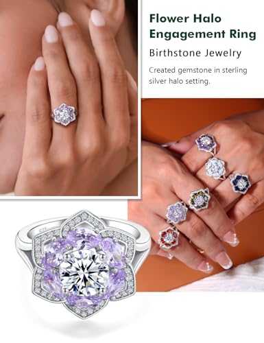 Flower Engagement Promise Ring Sterling Silver Birthstone Rings for Women Sapphire/Emerald/Ruby Gemstone Six Leaf Clover Statement Cocktail Ring Size 6 to 10 - style: 06. June-Created Alexandrite