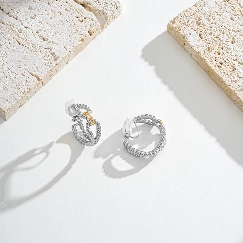 Clip on Earrings for Women Silver and Gold Plated Twisted Rope Hoops Non Pierced C Hoop Earring Lightweight Two Tone Clips Mixed Metal Jewelry Gifts - color: Eternity Hoop-silver&gold