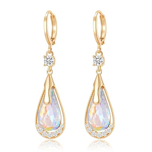 Trendy Austrian Crystal Teardrop Drop Huggie Dangle Earrings for Women 14k Rose Gold Plated Hypoallergenic Jewelry Gifts - color: Aurora Borealis