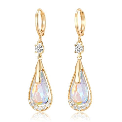 Trendy Austrian Crystal Teardrop Drop Huggie Dangle Earrings for Women 14k Rose Gold Plated Hypoallergenic Jewelry Gifts - color: Aurora Borealis