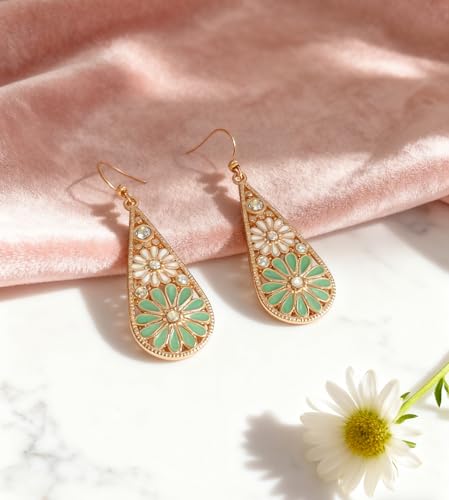 Bohemian Crystal Teardrop Dangle Earrings, Copper, Tribal Geometric Design, Handmade National Style for Women - color: Emerald green