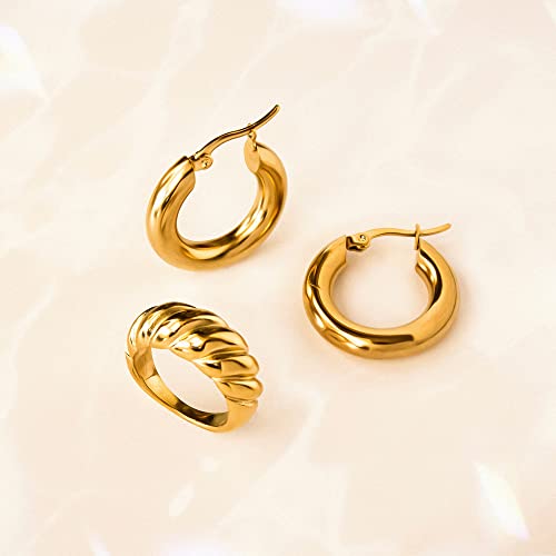 Chunky Gold Hoop Earrings for Women 14k Gold Plated Thick Triple Earrings | Hypoallergenic Trendy Chunky Gold Hoops Earrings,Dainty Jewelry Gifts for Women - style: simple hoop earrings