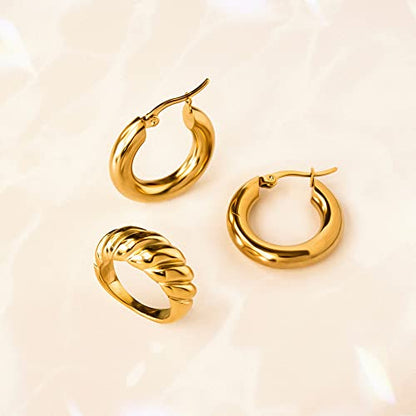 Chunky Gold Hoop Earrings for Women 14k Gold Plated Thick Triple Earrings | Hypoallergenic Trendy Chunky Gold Hoops Earrings,Dainty Jewelry Gifts for Women - style: simple hoop earrings