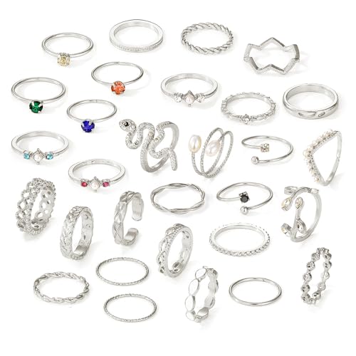 Layering Rings for Women, Adjustable Stainless Steel Joint Finger Cubic Zirconia Stackable Thumb Rings Band for Statement Open Knuckle Stacking for Women - color: Silver CZ 30PCS