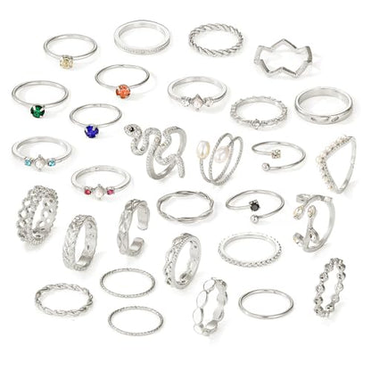 Layering Rings for Women, Adjustable Stainless Steel Joint Finger Cubic Zirconia Stackable Thumb Rings Band for Statement Open Knuckle Stacking for Women - color: Silver CZ 30PCS