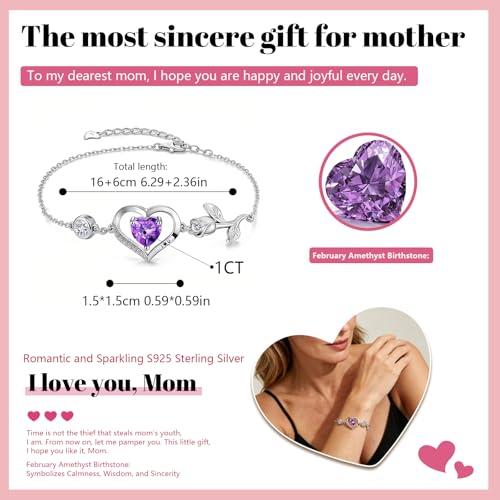 1CT Rose Heart Birthstone Bracelet for Women Love Gift - style: 02-Feb Dark Purple Silver