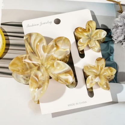 Flower Hair Clips for Women Girls Claw Clips Set Ginger-Yellow Plumeria with Marble Design Barrettes Summer Hair Clip Fashion Hair Styling Accessories for Thick Thin Hair(3Pcs:1Large 2Small) - color: Ginger-Yellow