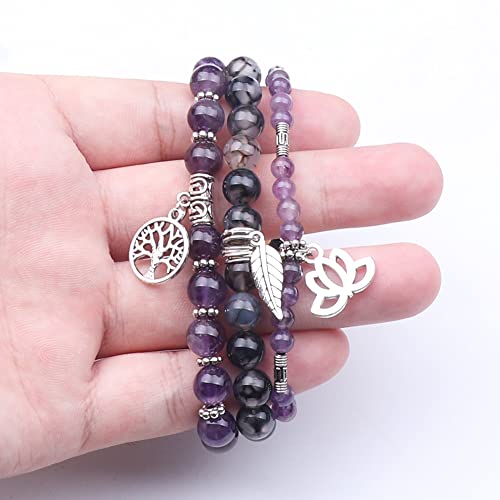 Tree of Life Yoga Healing Stone Bracelets,Multilayer Lotus Chakra Stone Reiki Bracelet Sets,Anxiety Crystal Natural Stone,for Women Stress Relief - style: Amethyst+Dragon's Vein Agate