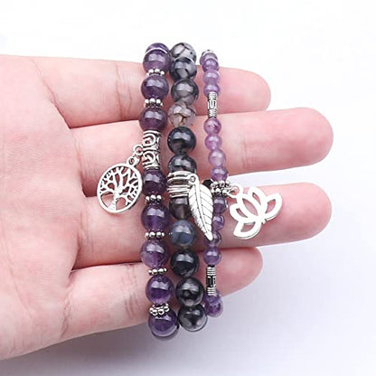 Tree of Life Yoga Healing Stone Bracelets,Multilayer Lotus Chakra Stone Reiki Bracelet Sets,Anxiety Crystal Natural Stone,for Women Stress Relief - style: Amethyst+Dragon's Vein Agate