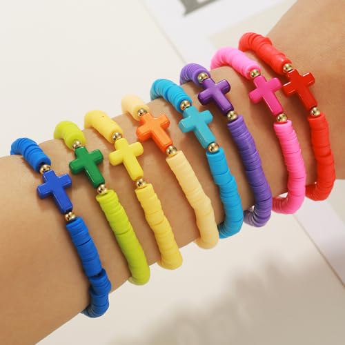 Friendship Bracelets for Women - Heishi Surfer Colorful Smile Evil Eye Clay Beaded Stretch Bracelets Elastic Layering - Stackable Boho Disc Y2K Aesthetic Summer Jewelry Set. - color: C-cross Rainbow 8pc - Cool