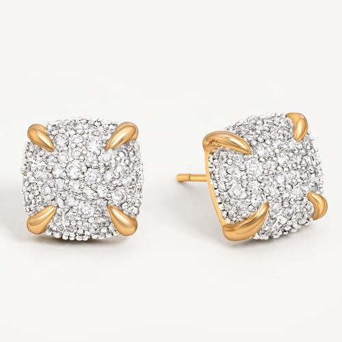 MEVECCO Pave Cubic Zirconia Stud Earrings for Women, 18K Gold Plated Brass | Pave CZ Fronts, Curved Gold Plated Edge Accents, Soft Motifs and Clean Geometric Styles - style: square