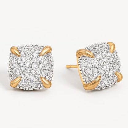 MEVECCO Pave Cubic Zirconia Stud Earrings for Women, 18K Gold Plated Brass | Pave CZ Fronts, Curved Gold Plated Edge Accents, Soft Motifs and Clean Geometric Styles - style: square