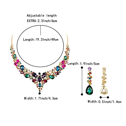 Women's Wedding Statement Necklace Dangle Earring Jewelry | Austrian Crystal Teardrop Cluster,Necklaces Earrings Set for Bride Bridesmaid,Prom Accessories - color: 11-Multicolor Gold-Plated-Base