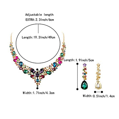Women's Wedding Statement Necklace Dangle Earring Jewelry | Austrian Crystal Teardrop Cluster,Necklaces Earrings Set for Bride Bridesmaid,Prom Accessories - color: 11-Multicolor Gold-Plated-Base