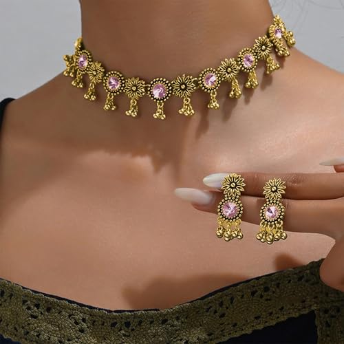 Frodete Indian Jewelry Sets for Women Traditional Bohemian Wedding Jewelry Set Indian Dresses for Women Oxidized Ethnic Party Prom Wear - color: A3:pink indian necklace earring sets