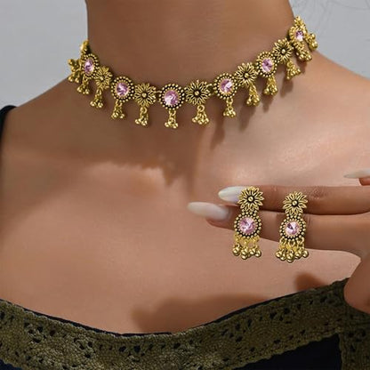 Frodete Indian Jewelry Sets for Women Traditional Bohemian Wedding Jewelry Set Indian Dresses for Women Oxidized Ethnic Party Prom Wear - color: A3:pink indian necklace earring sets