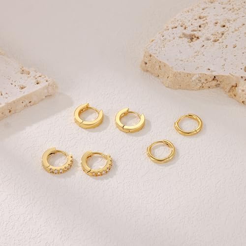 micuco 3 Pairs Small Gold Hoop Huggie Earrings Set for Women Men Tendy | 14K Gold Plated Small Huggie Hoop Earrings for Men, Tiny Cartilage Hypoallergenic Earring Set - style: O# 3 Pairs Gold 8-8-8mm