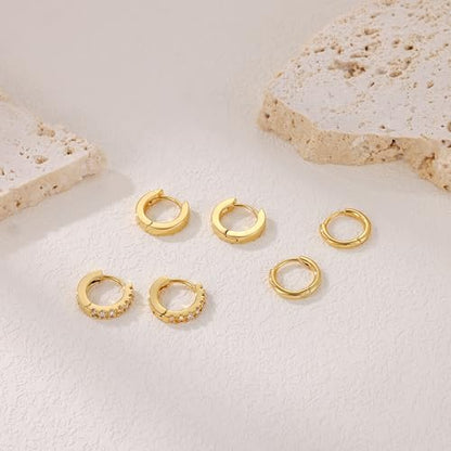 micuco 3 Pairs Small Gold Hoop Huggie Earrings Set for Women Men Tendy | 14K Gold Plated Small Huggie Hoop Earrings for Men, Tiny Cartilage Hypoallergenic Earring Set - style: O# 3 Pairs Gold 8-8-8mm