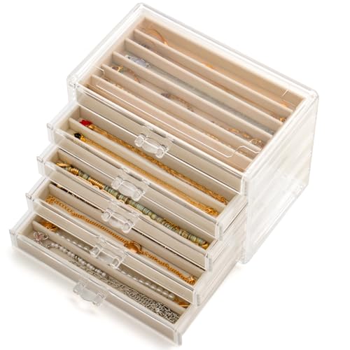 SPAKOWN Necklace Organizer Box with 5 Drawers 30 Compartments | Dustproof Velvet Necklace Tray Acrylic Necklaces Display Case Pendant Chains Storage Tray Gift for Women and Girls (Beige) - color: Beige