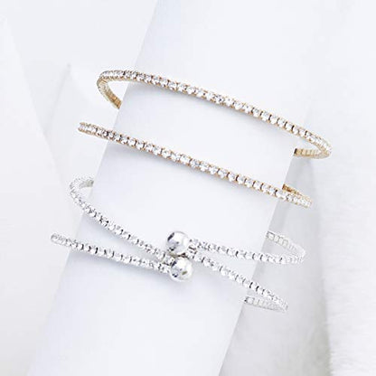 NTLX Crystal Bracelet for Women – Rhinestone Bangle Bracelet – Silver & Gold Plated - Flexible & Adjustable – Two Row - Bridal, Wedding, Prom, Party, Pageant, Evening, Casual, Bracelet - with Gift Box - color: Silver