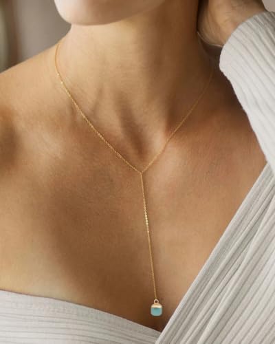 Lariat Necklace for Women Dainty Gold Long Crystal Drop Y-Shaped Necklace | 14k Gold Plated Crystal Drop Necklace Trendy Non Tarnish Simple Gold Jewelry For Wedding, Prom, Daily - color: Emerald