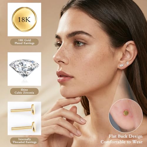 limerencia Titanium Internally Threaded Flat Back Earrings, 3 Pcs Implant Grade Hypoallergenic Studs, 18G Tragus Helix Conch Cartilage Piercing Jewelry for Sensitive Ears Women Men, Gold/Silver - color: Gold-Vibe A