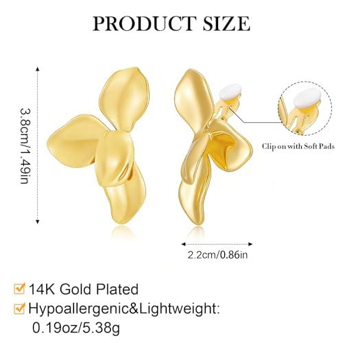Chunky Flower Clip on Earrings for Women 14K Gold Plated No Piercing Floral Stud Earring Lightweight Jewelry Gifts - color: Flower-B-gold