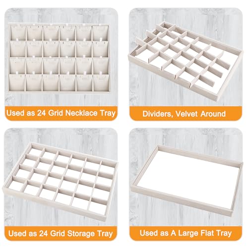 24 Grid Stackable Jewelry Tray Organizer with Removable Divider Velvet Tray | Jewelry Display Tray for Earrings Necklaces Bracelet Rings Display Showcase - Beige - color: Beige