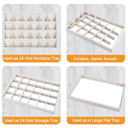 24 Grid Stackable Jewelry Tray Organizer with Removable Divider Velvet Tray | Jewelry Display Tray for Earrings Necklaces Bracelet Rings Display Showcase - Beige - color: Beige