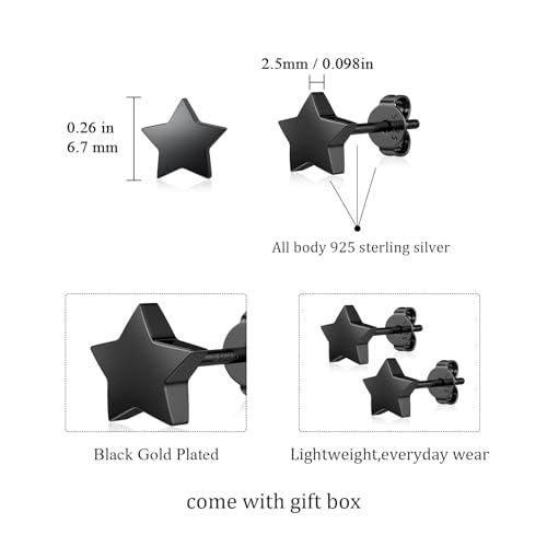 JIAYIQI Minimalist 925 Sterling Silver Stud Earrings Set, 14K Gold Plated Hypoallergenic Tiny Bar Dot Heart Star Studs for Women & Men - style: Black-Star-1Pair