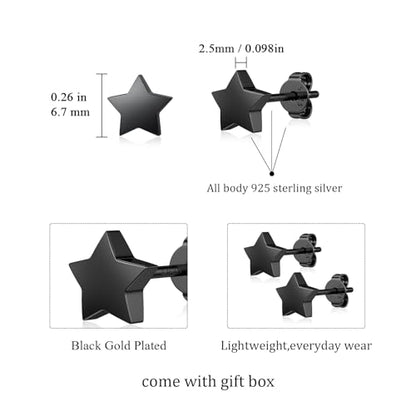 JIAYIQI Minimalist 925 Sterling Silver Stud Earrings Set, 14K Gold Plated Hypoallergenic Tiny Bar Dot Heart Star Studs for Women & Men - style: Black-Star-1Pair