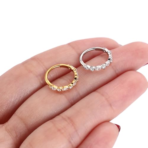 PEAKLINK 16G Nose Hoop Ring 316L Surgical Steel Conch Cartilage Helix Earring with Cubic Zircon Tragus Rook Daith Septum Piercing Jewelry 8mm 10mm for Women Men - color: Style1:Gold-Horse Eye CZ+Round CZ