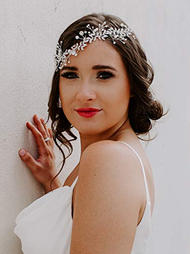 SWEETV Bridal Headpiece Silver Wedding Headband for Brides Hair Accessories | Pearl Hair Vine Rhinestone Hair Accessories for Women Bridal Headband, Wedding Hair Accessories Wedding Headbands for Brides
