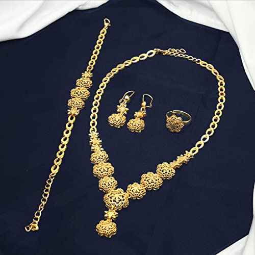 indian Women Jewelry Necklace Set african Dubai Bride Wedding Prom Fashion Jewelry 24K Gold Plated Necklace Bangles Rings Earrings - color: S-04